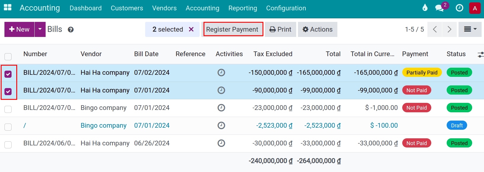Choose various invoices for payment in Viindoo Accounting software