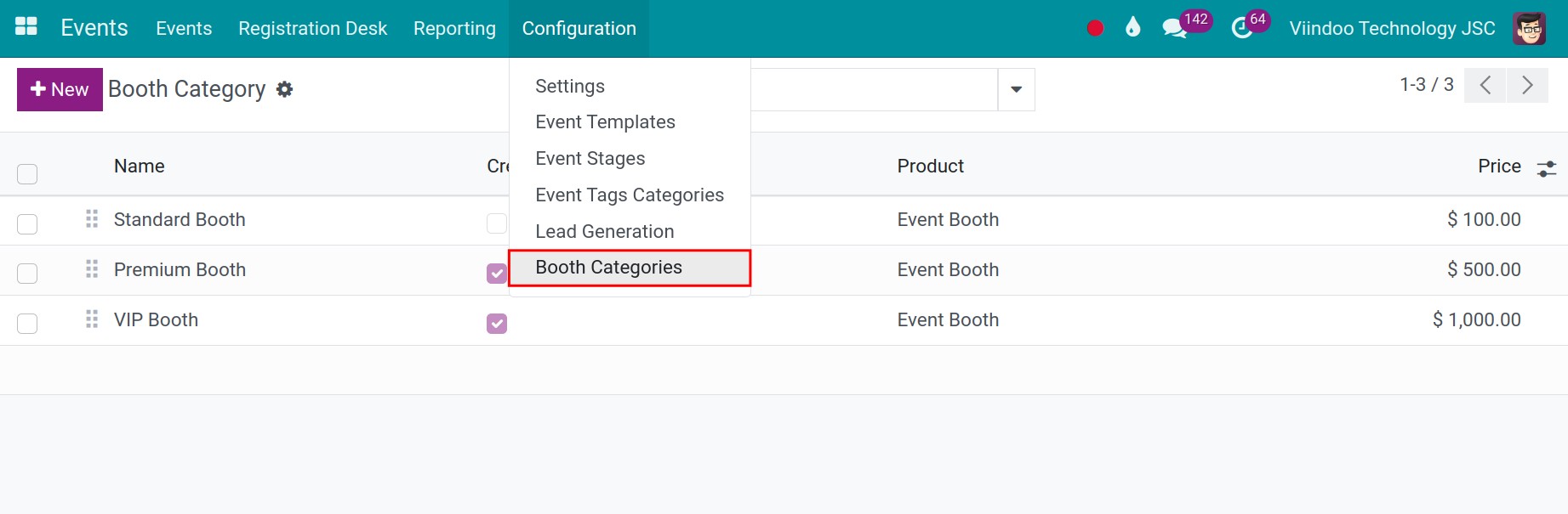 Booth categories menu