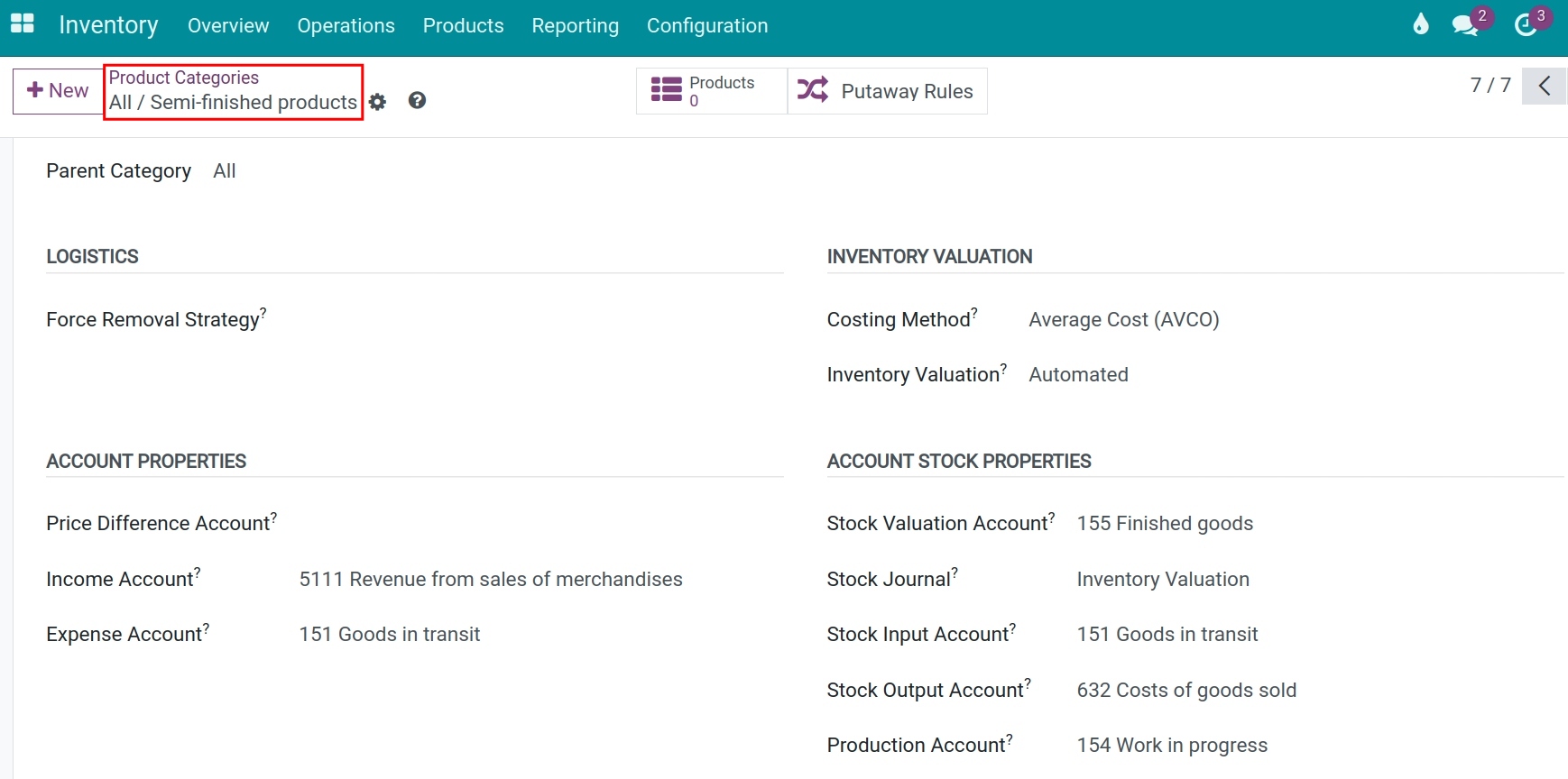 Configure the accounting account for the semi-finished products category