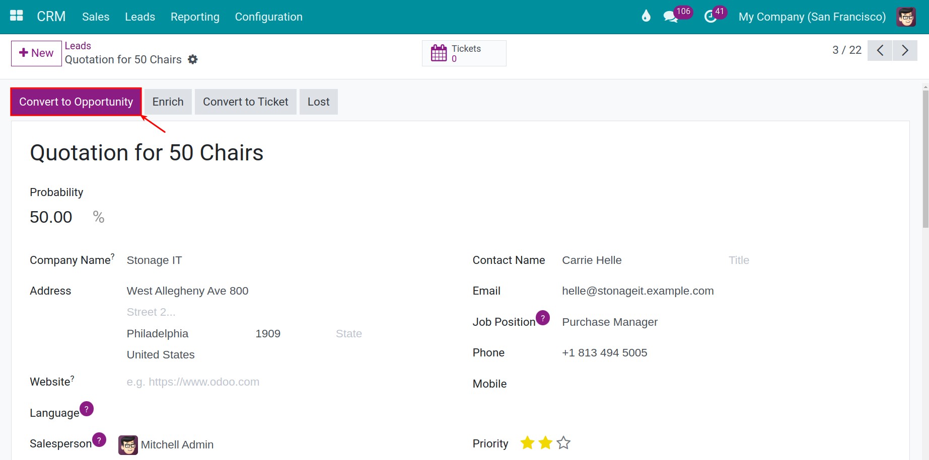 Convert lead into opportunity CRM Viindoo