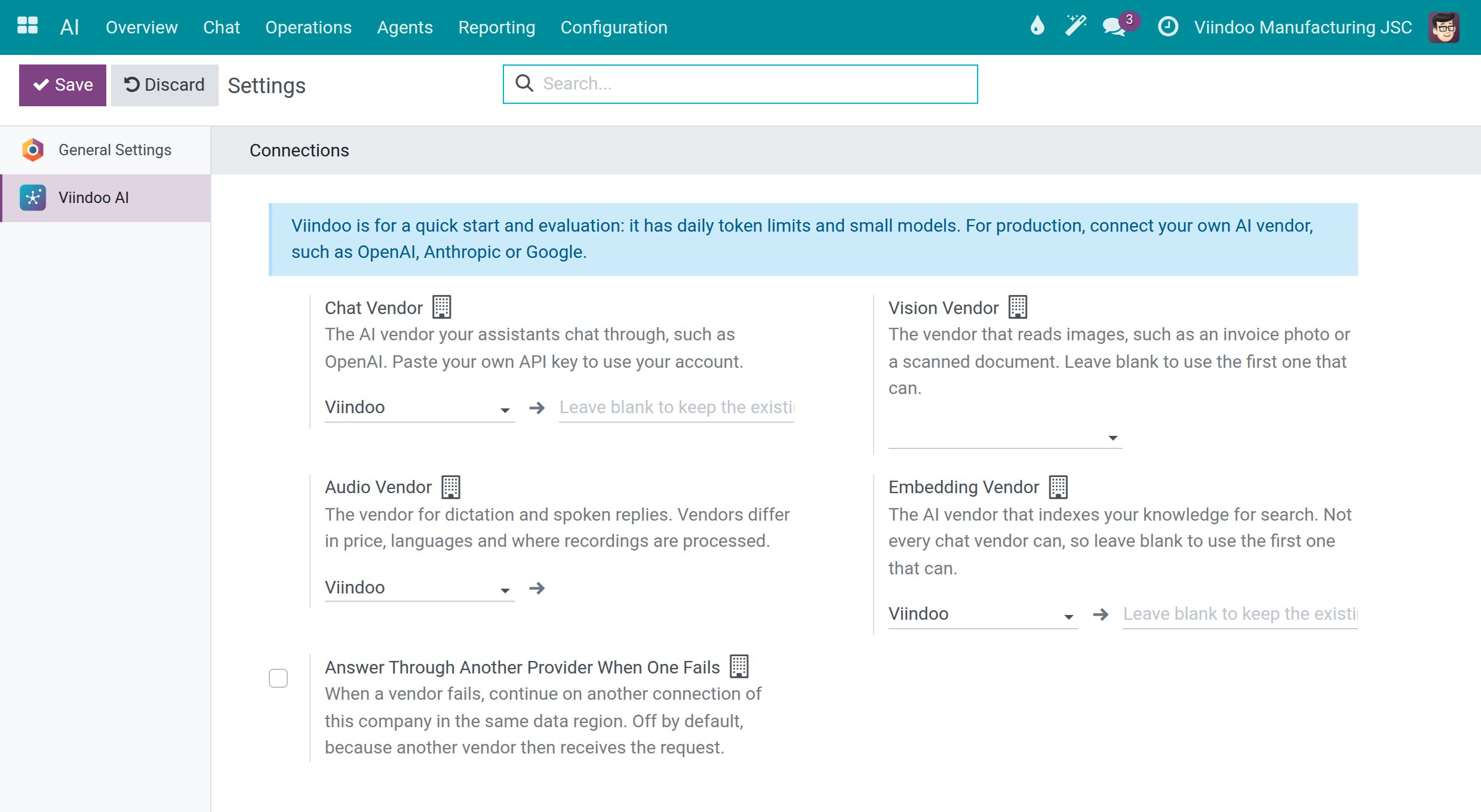 The Connections section of the AI settings with Chat Vendor, Vision Vendor, Audio Vendor, Embedding Vendor and the switch Answer Through Another Provider When One Fails