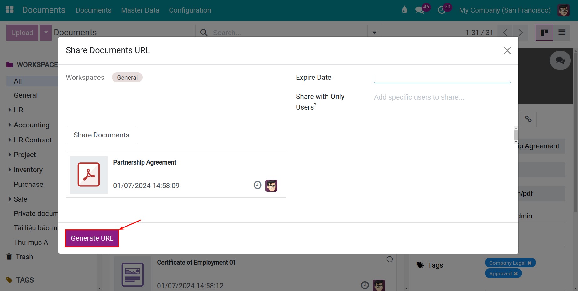 Generate URL to share documents in Viindoo