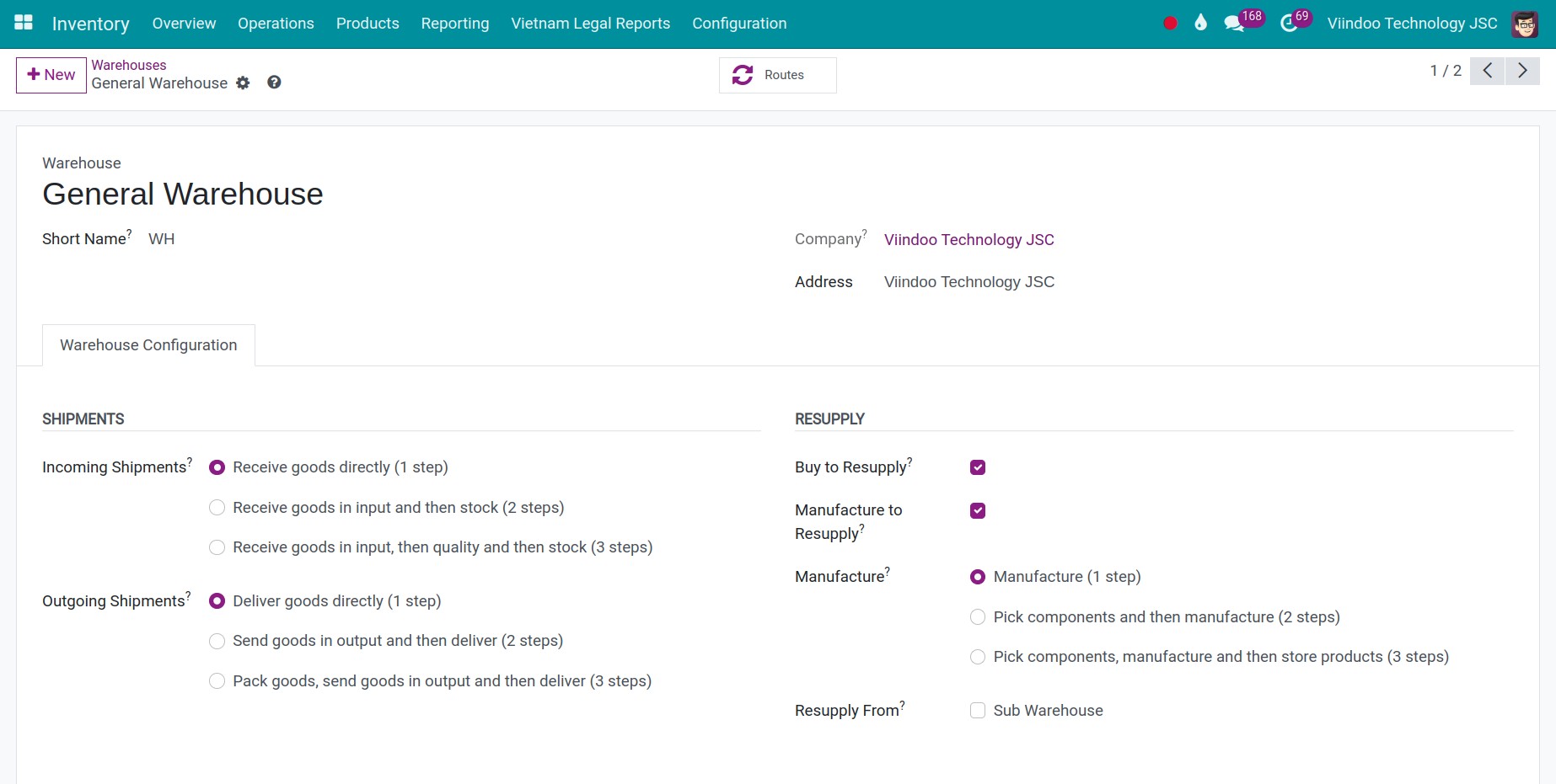 Create a new warehouse in Viindoo Inventory app