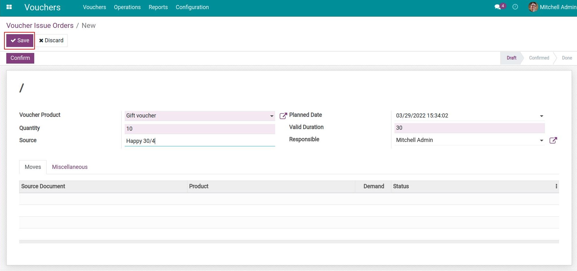 Add information to a Voucher issue order
