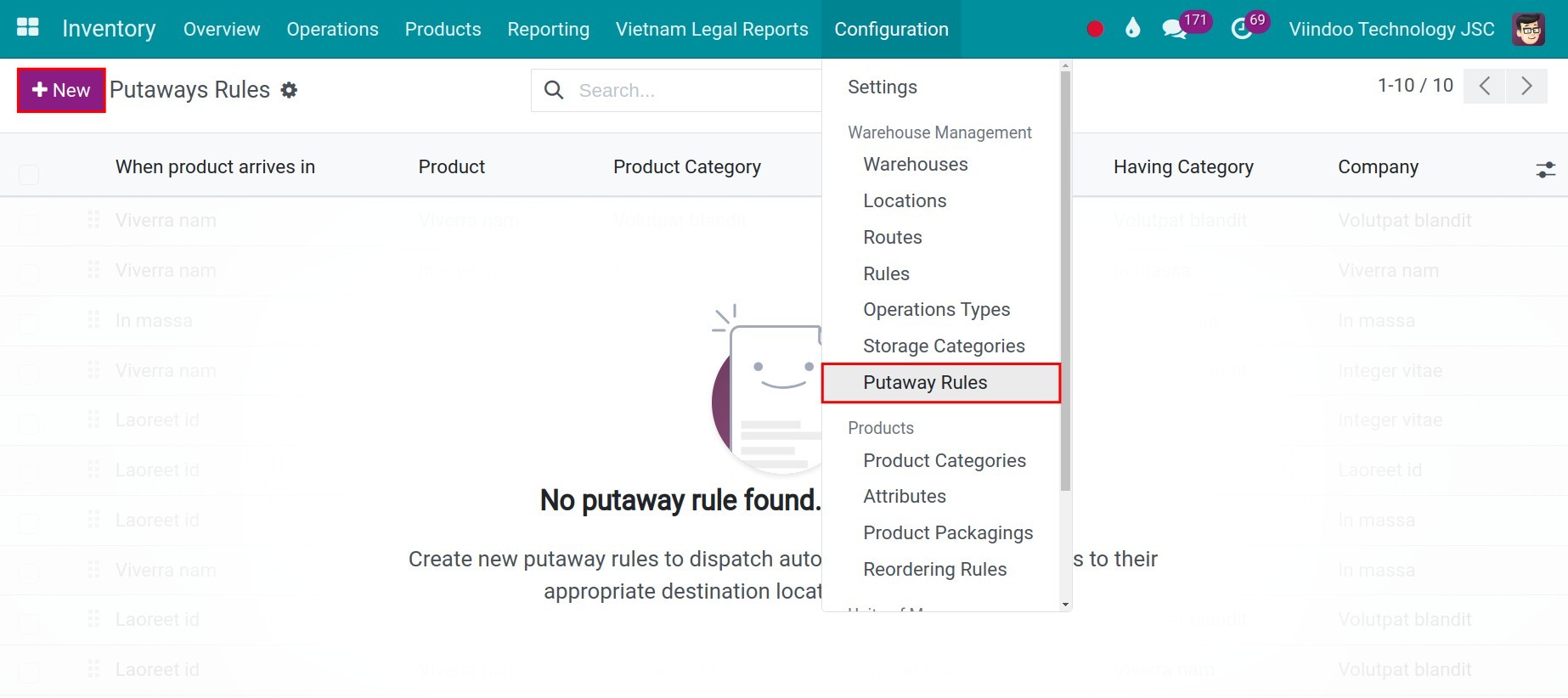 Putaway Rule creation Inventory Viindoo