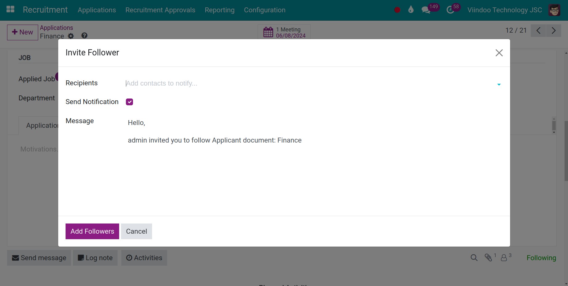 Click send message on the applications