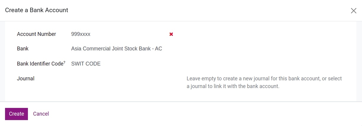 Create a Bank Account pop-up