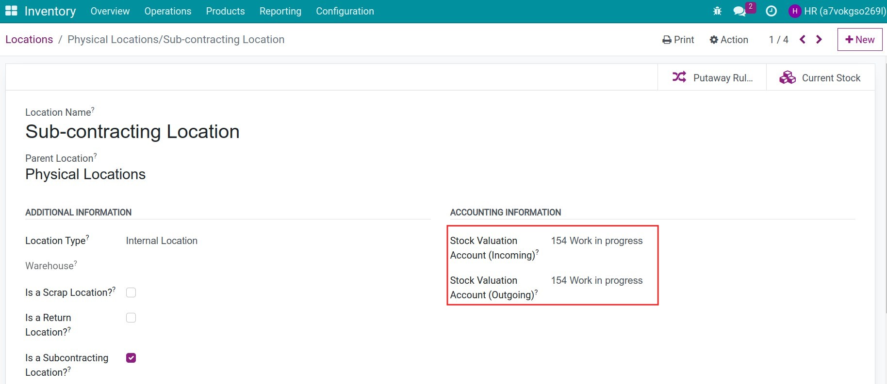 Configure accounting account on the sub-contracting location