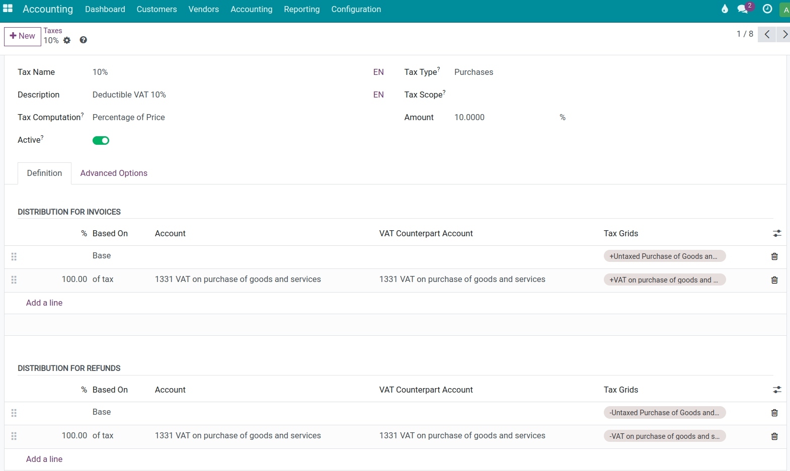 Tax creation view in Viindoo