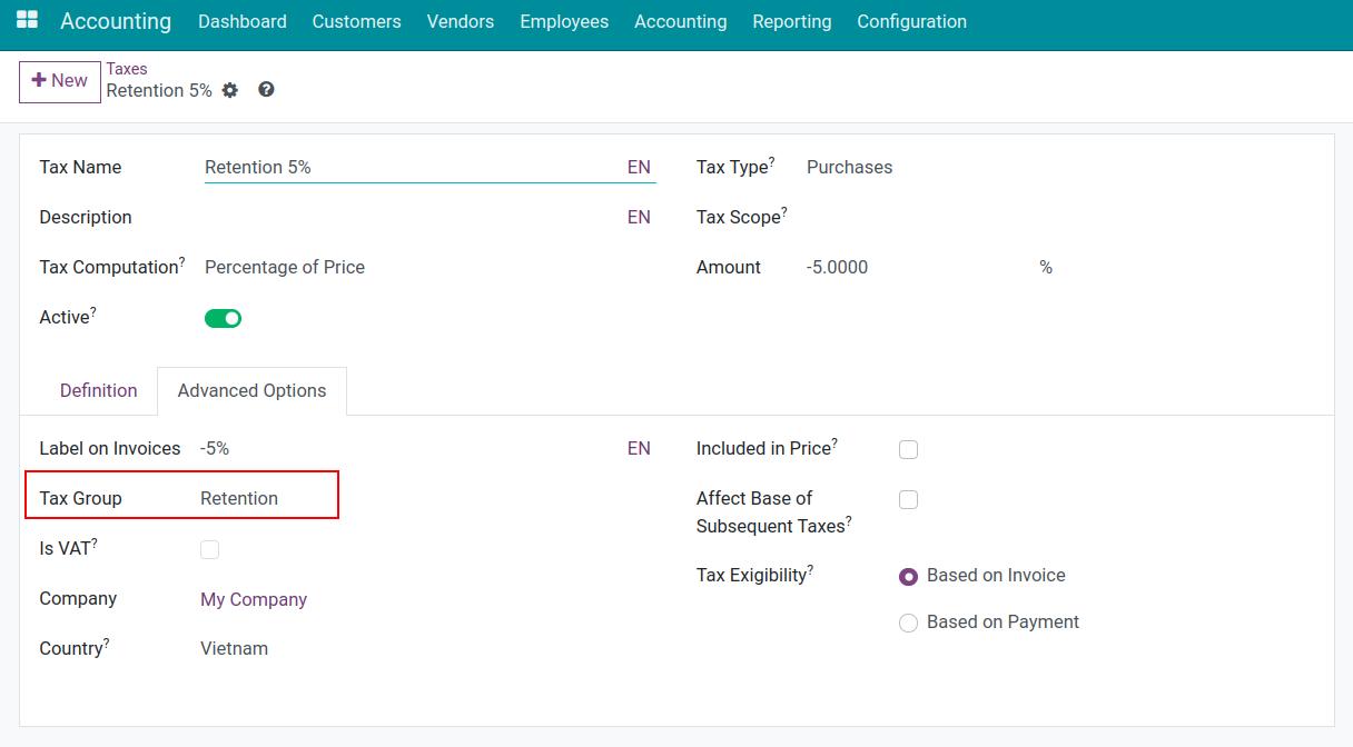 Configure retention tax group