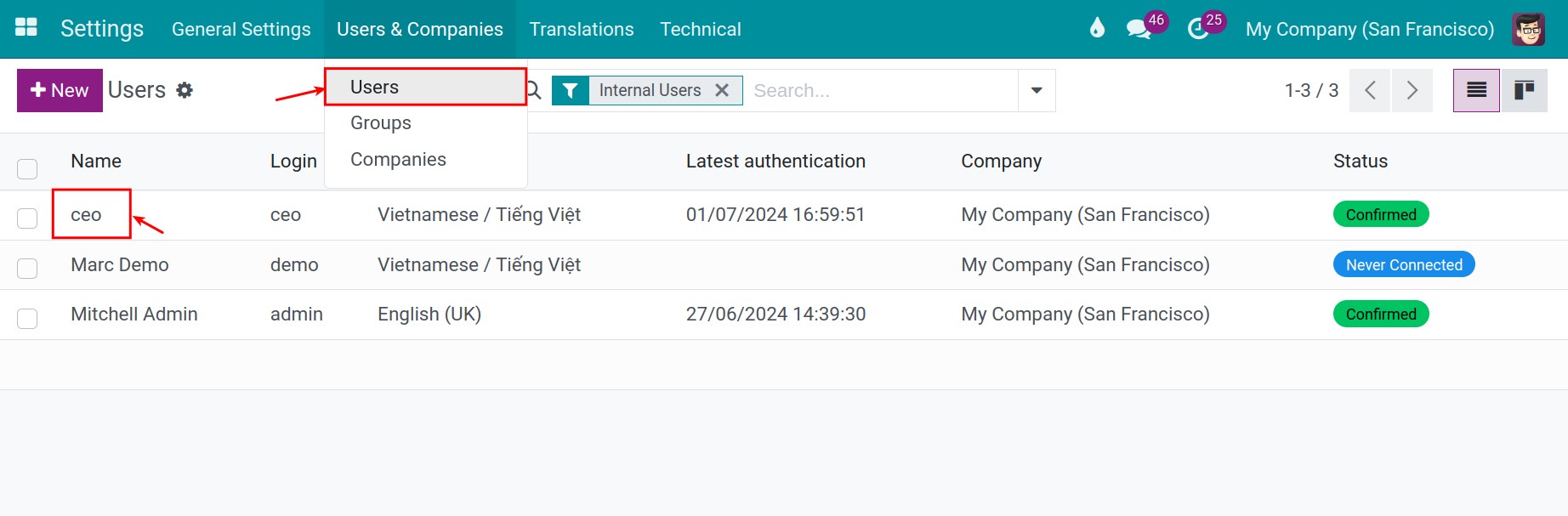 Select an user to give access right in Viindoo