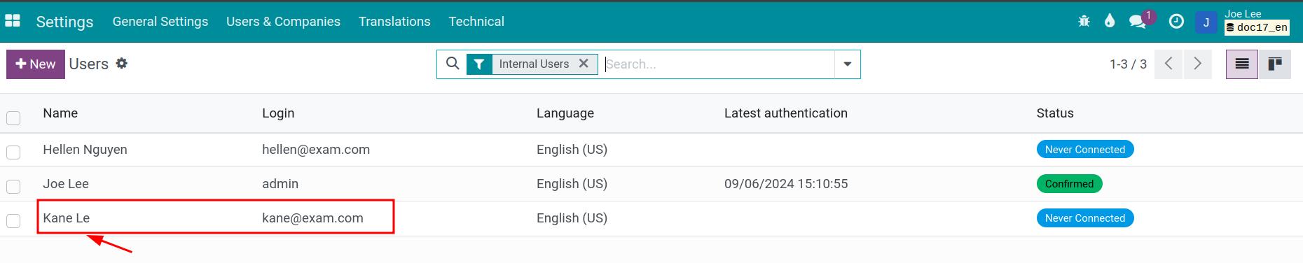 Select an user to give access rights in Viindoo