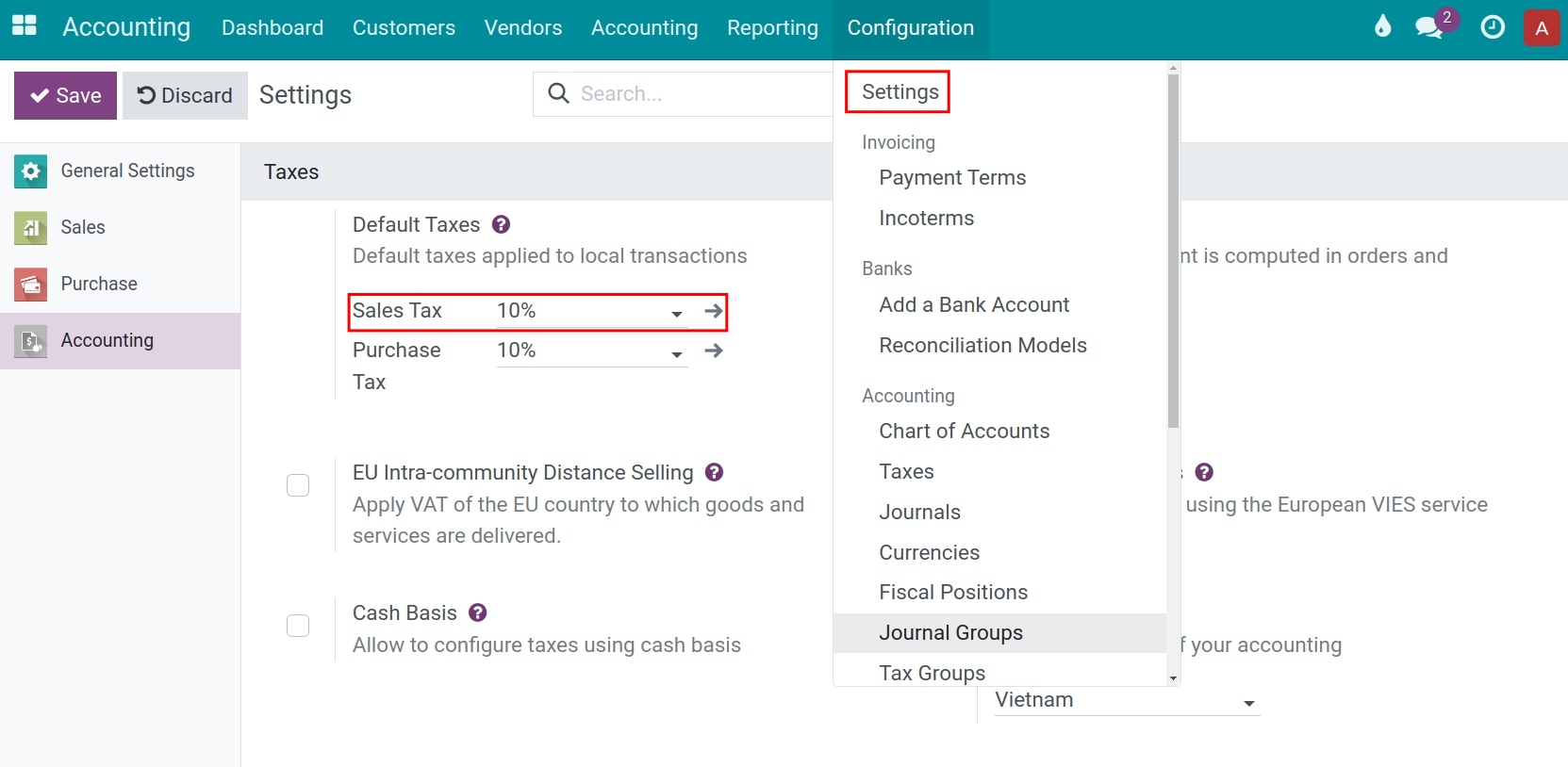 Set tax default for sales transactions - Viindoo Accounting