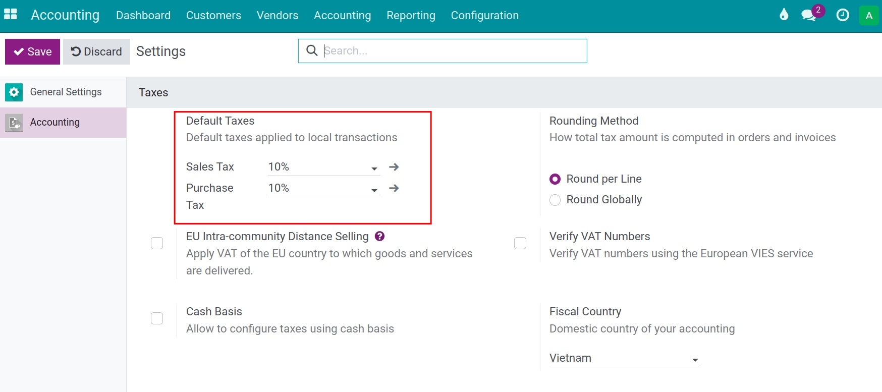 Configure default taxes in the Viindoo accounting app