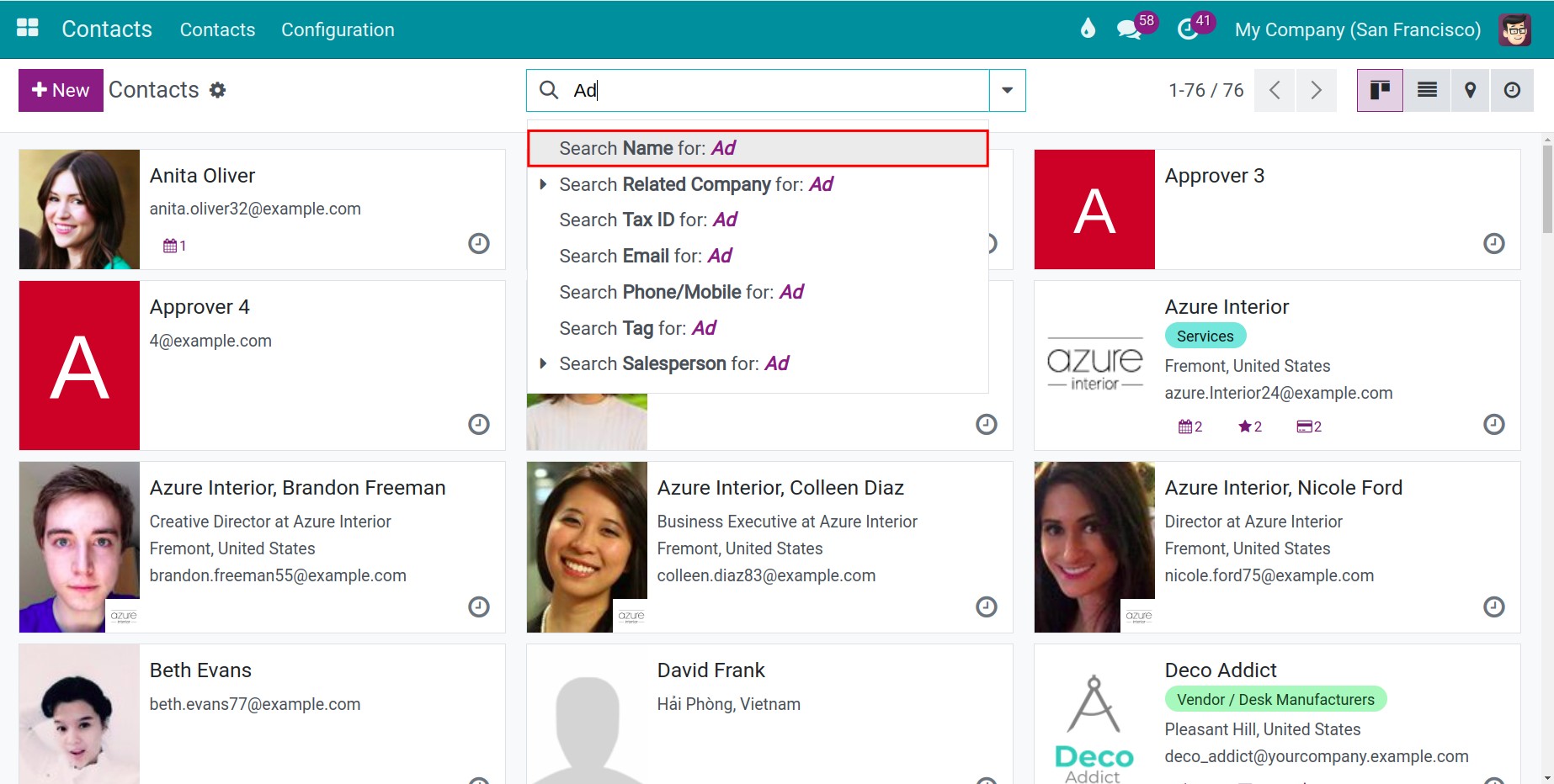 search contacts according to name