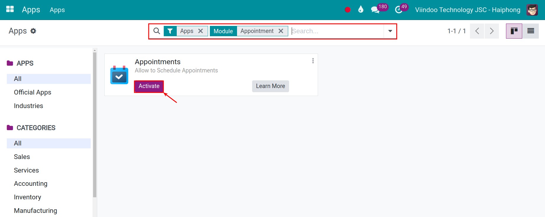 Search for the Appointments app in Viindoo