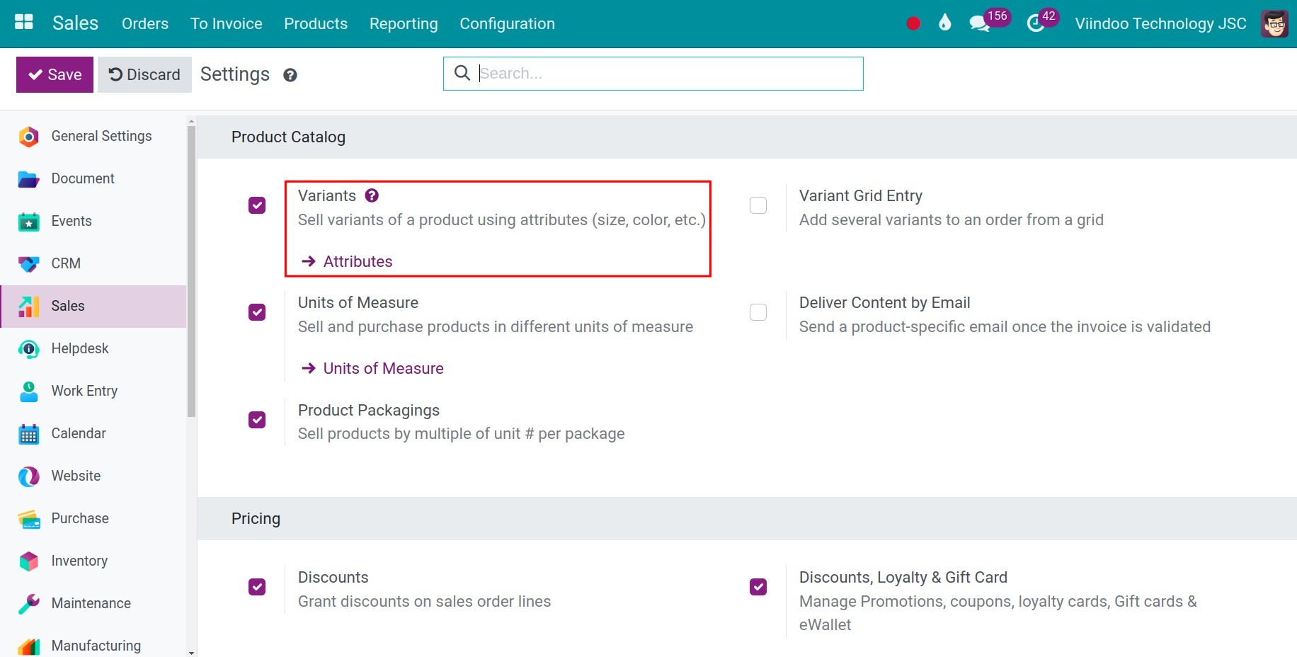 Product variants feature - Viindoo