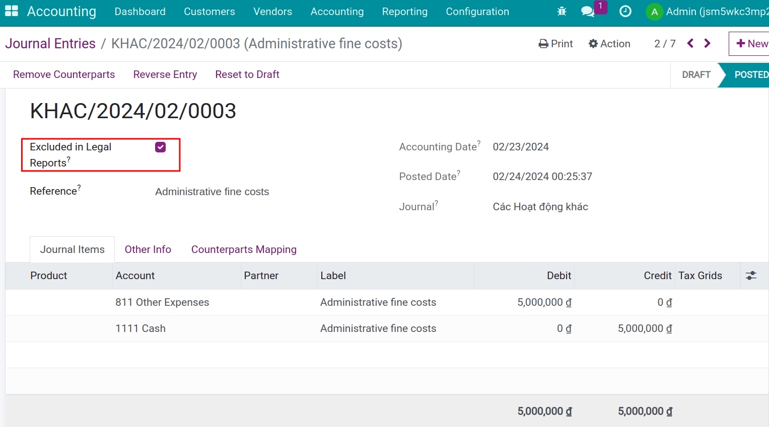 Exclude journal entries in legal reports feature - Viindoo Accounting app