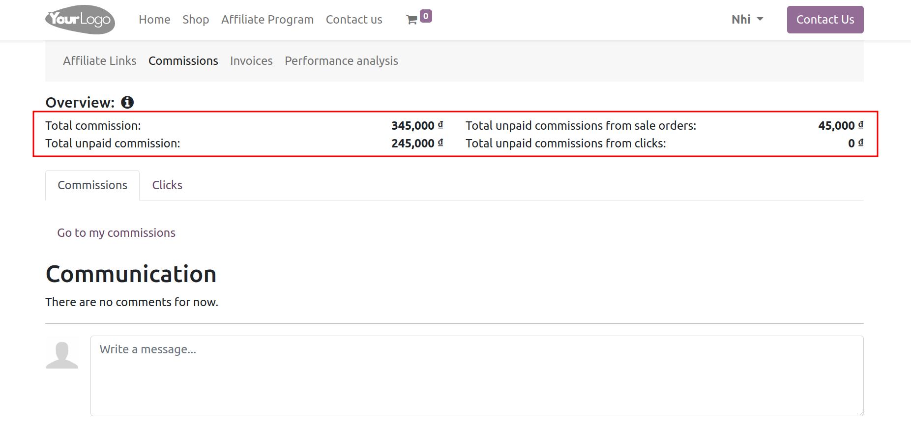 Commission overview for affiliate partner