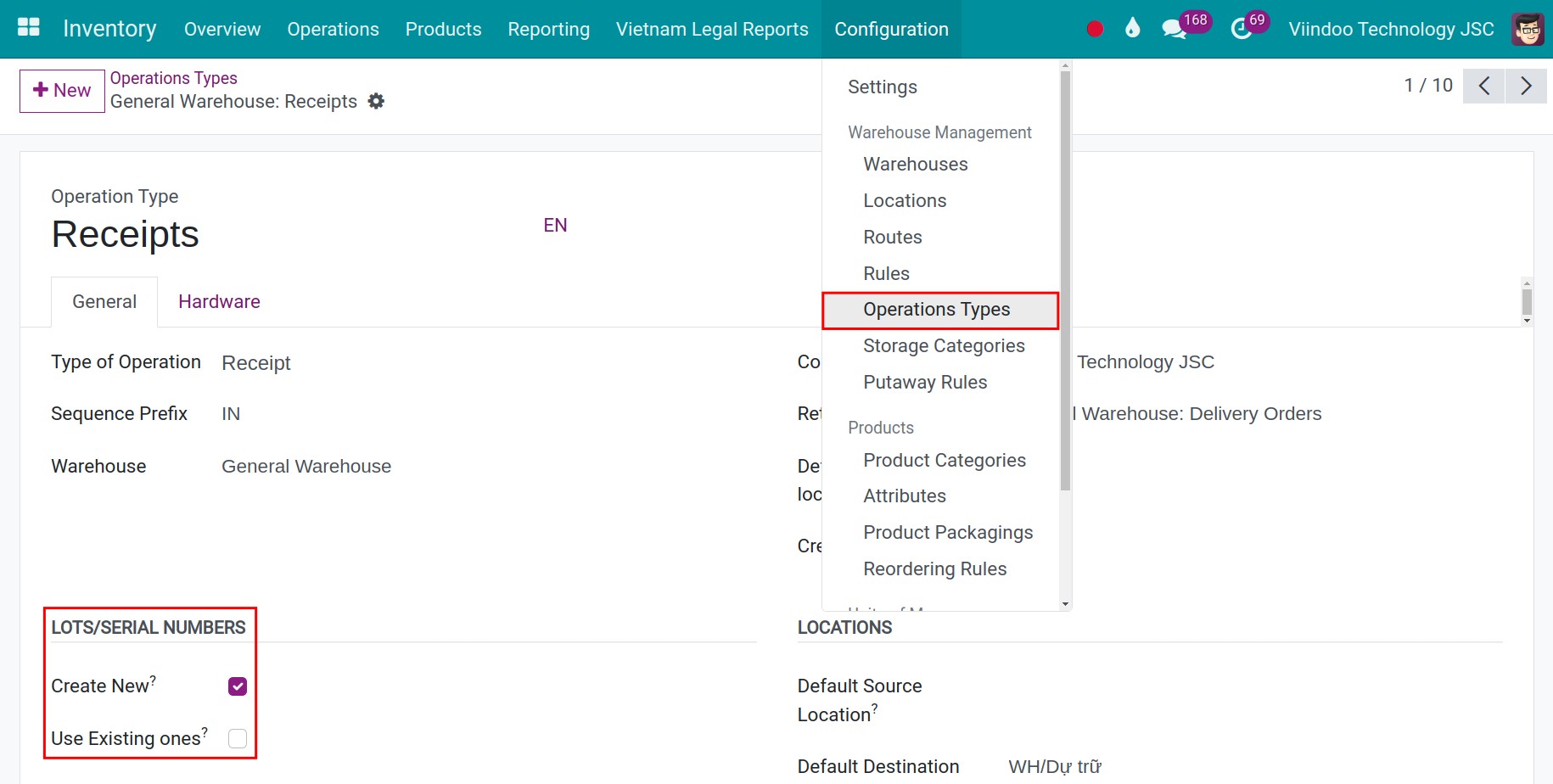 Configure lot numbers for inventory management operations