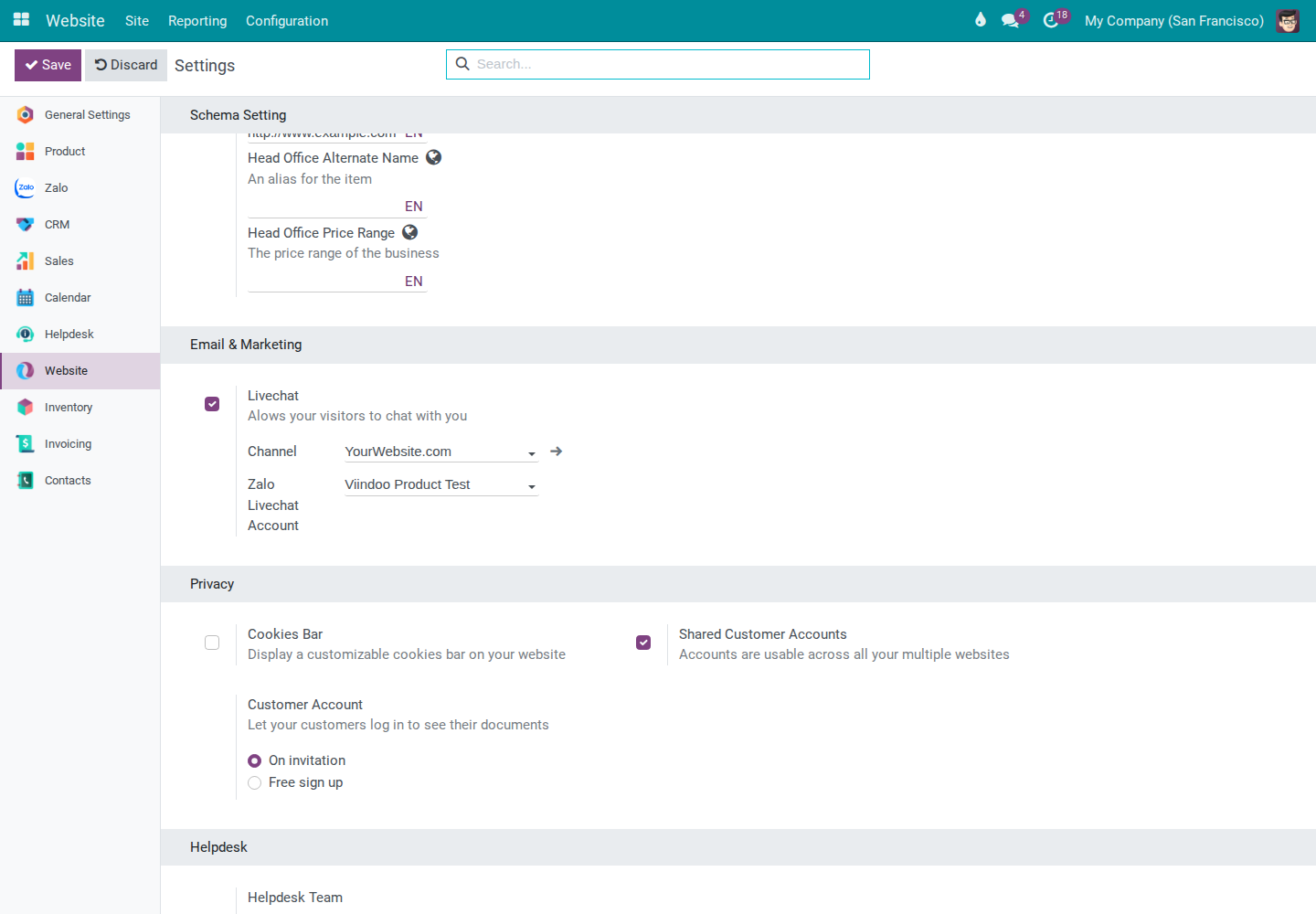 Website form with Zalo Livechat Account field in Livechat section