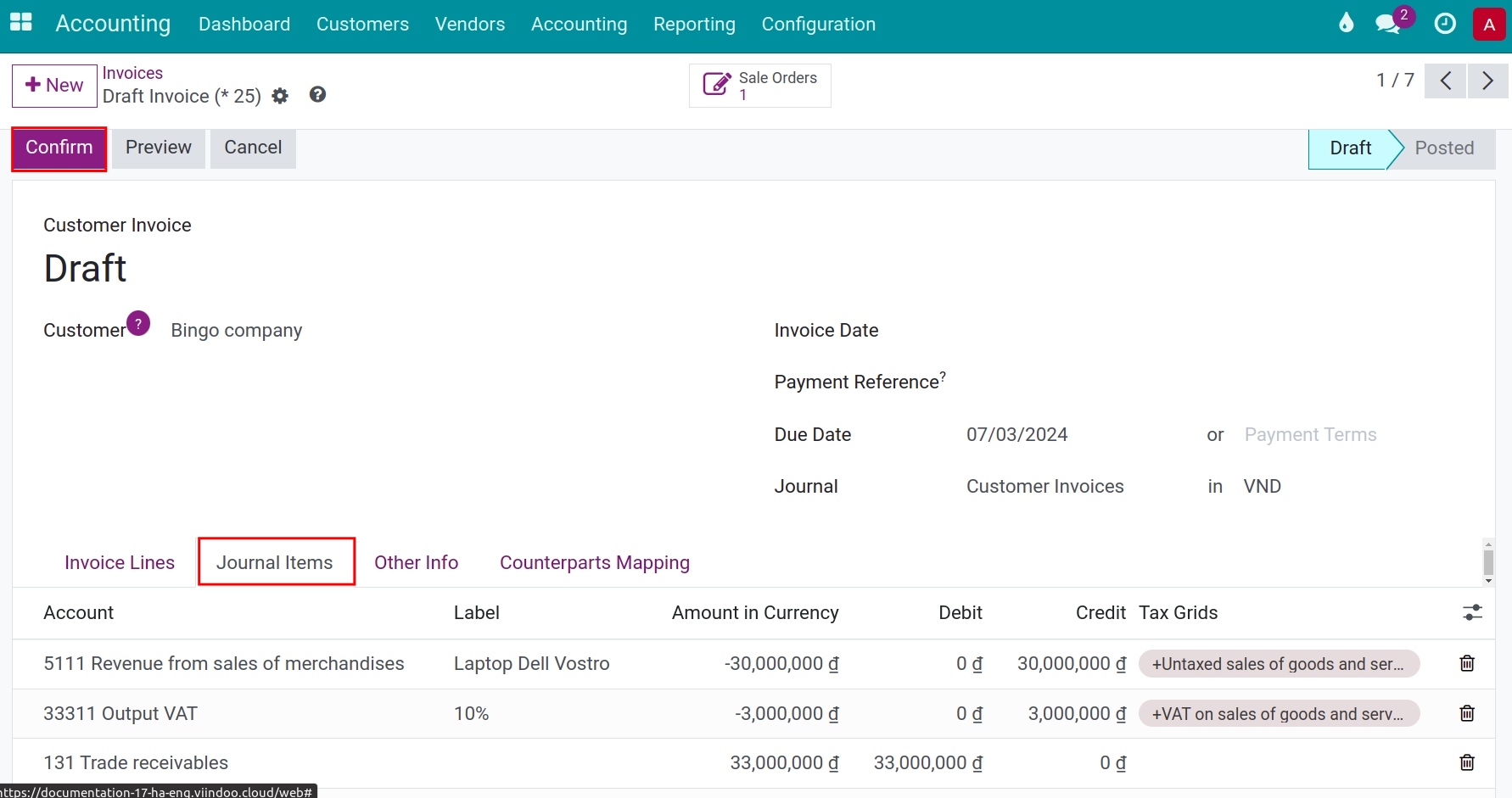 Confirm the invoice - Viindoo Accounting software