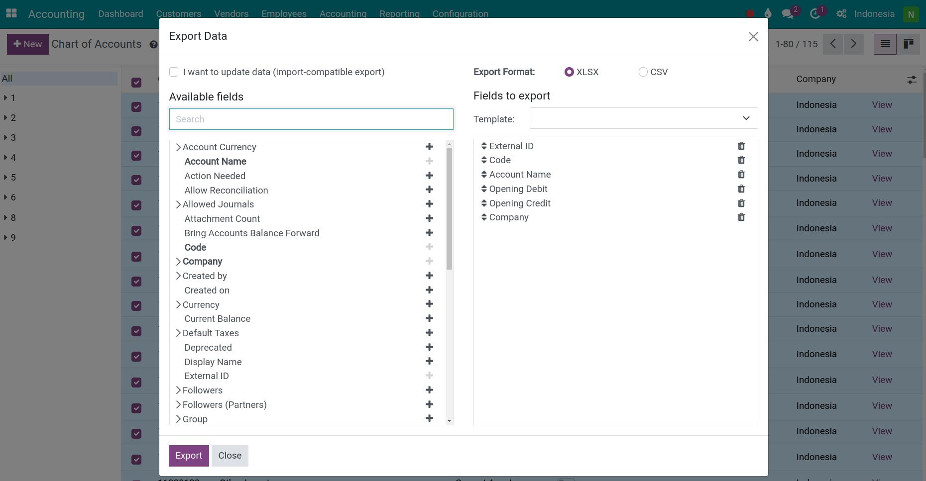 Export chart of accounts data Viindoo