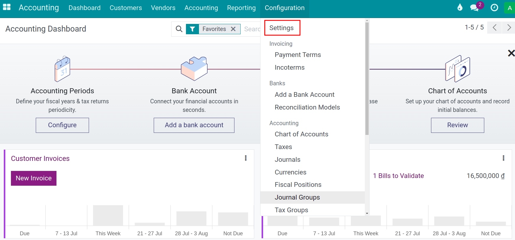 How to default taxes in the Viindoo accounting app