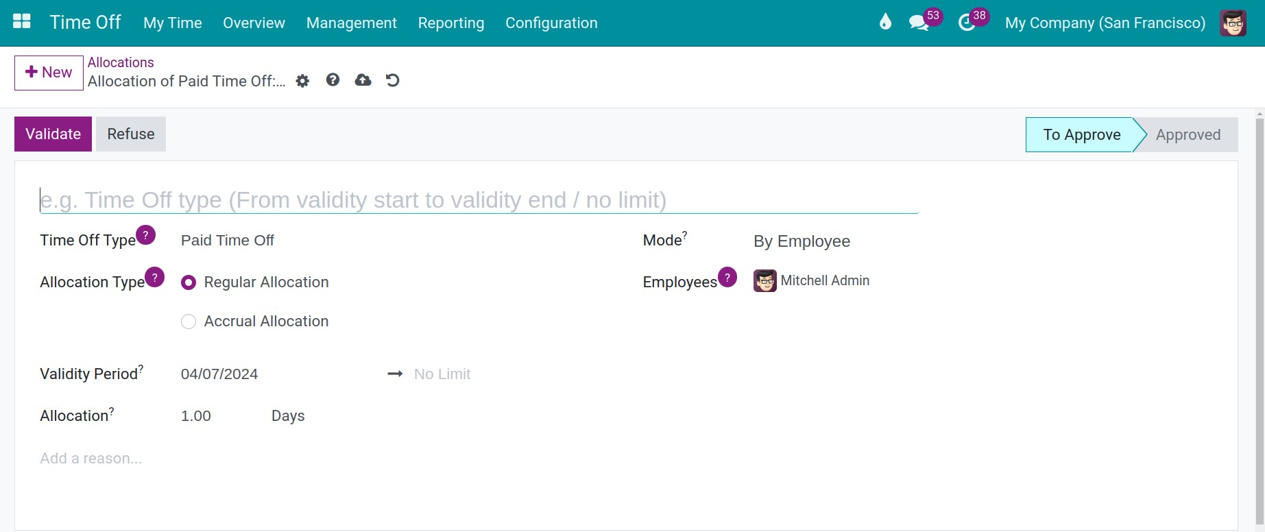 Detail of allocation requests in Viindoo Time-off Management Application