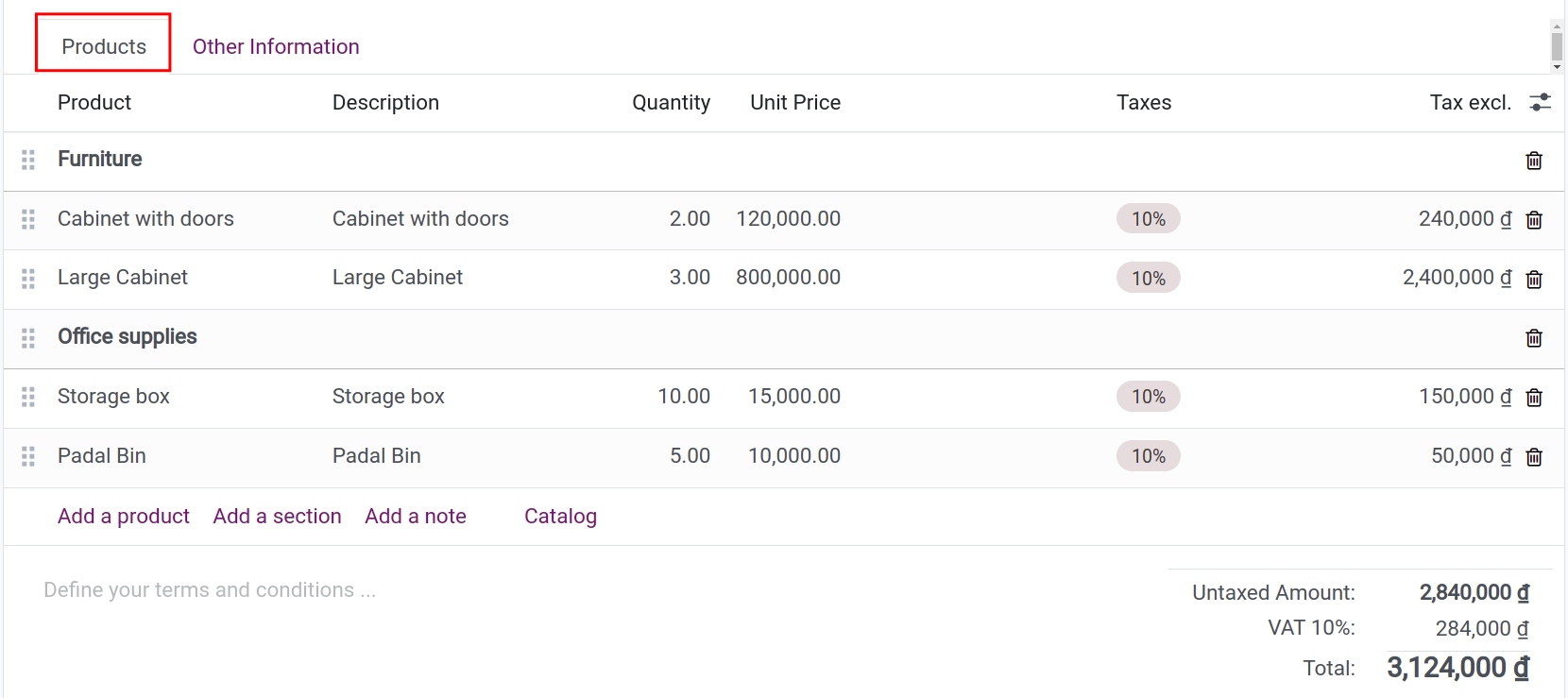 Enter product information Purchase app ERP Viindoo