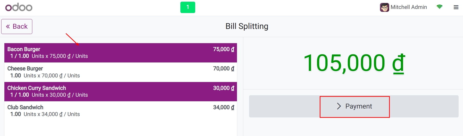 split bills interface in viindoo pos
