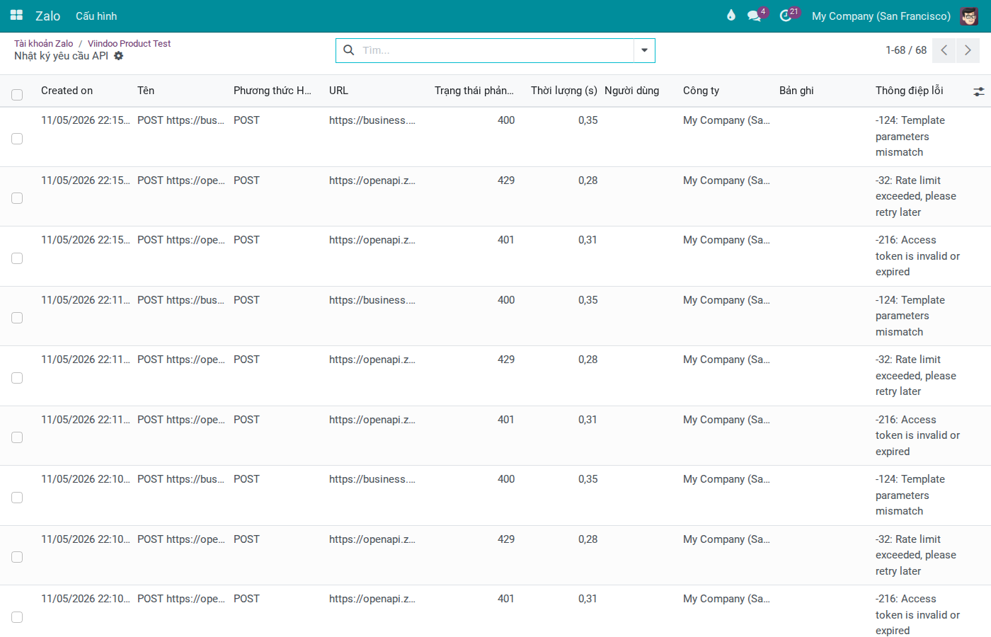 API Logs list with status codes and error messages for diagnosis