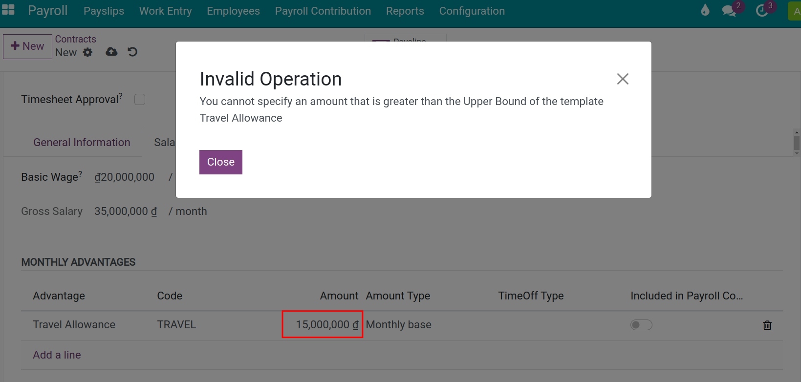 Warning when the advantage amount is out of allowed range