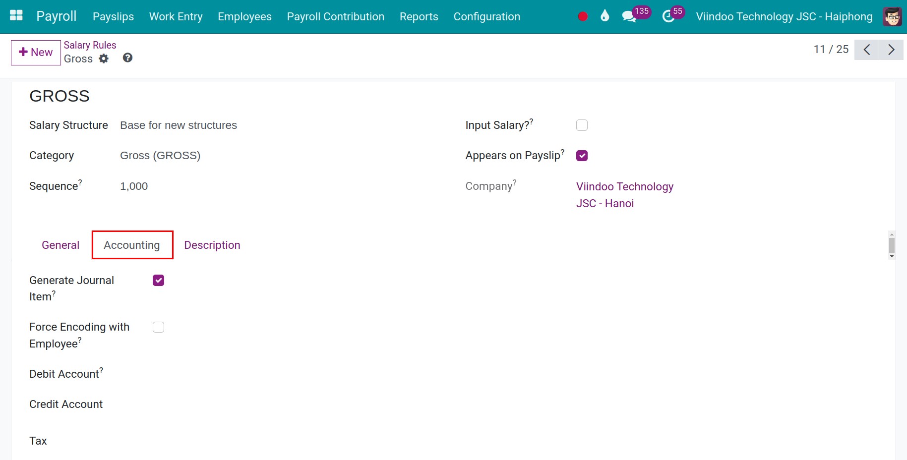 Configure accounts for a salary rule - Viindoo payroll accounting