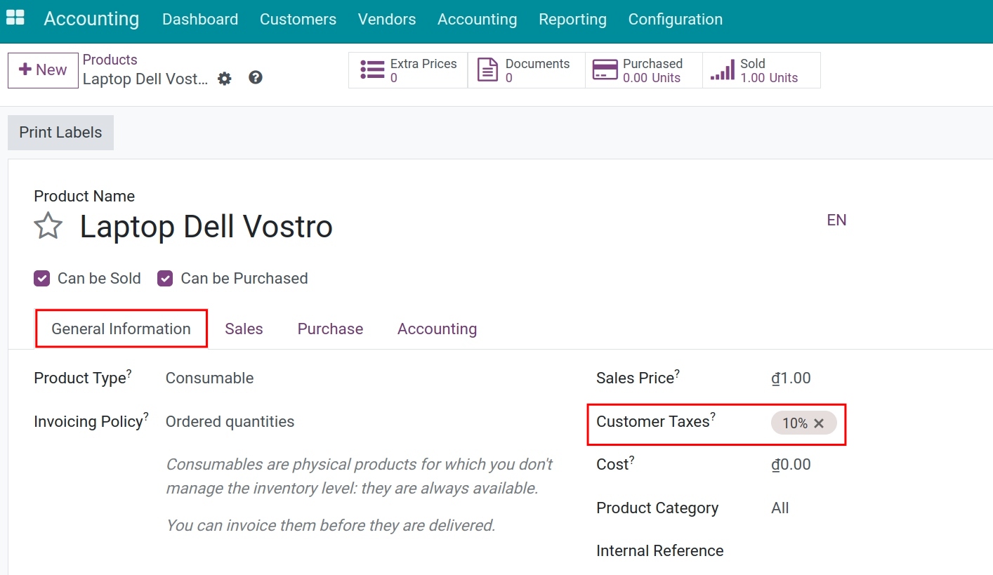 Set tax default for products - Viindoo Accounting
