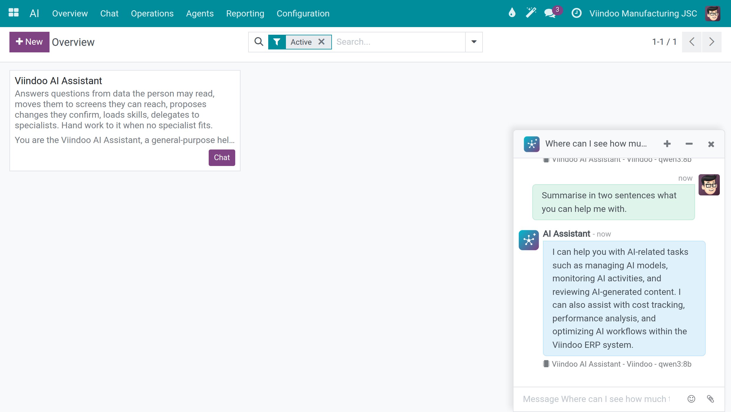 The AI chat window open at the bottom right of the AI Overview screen
