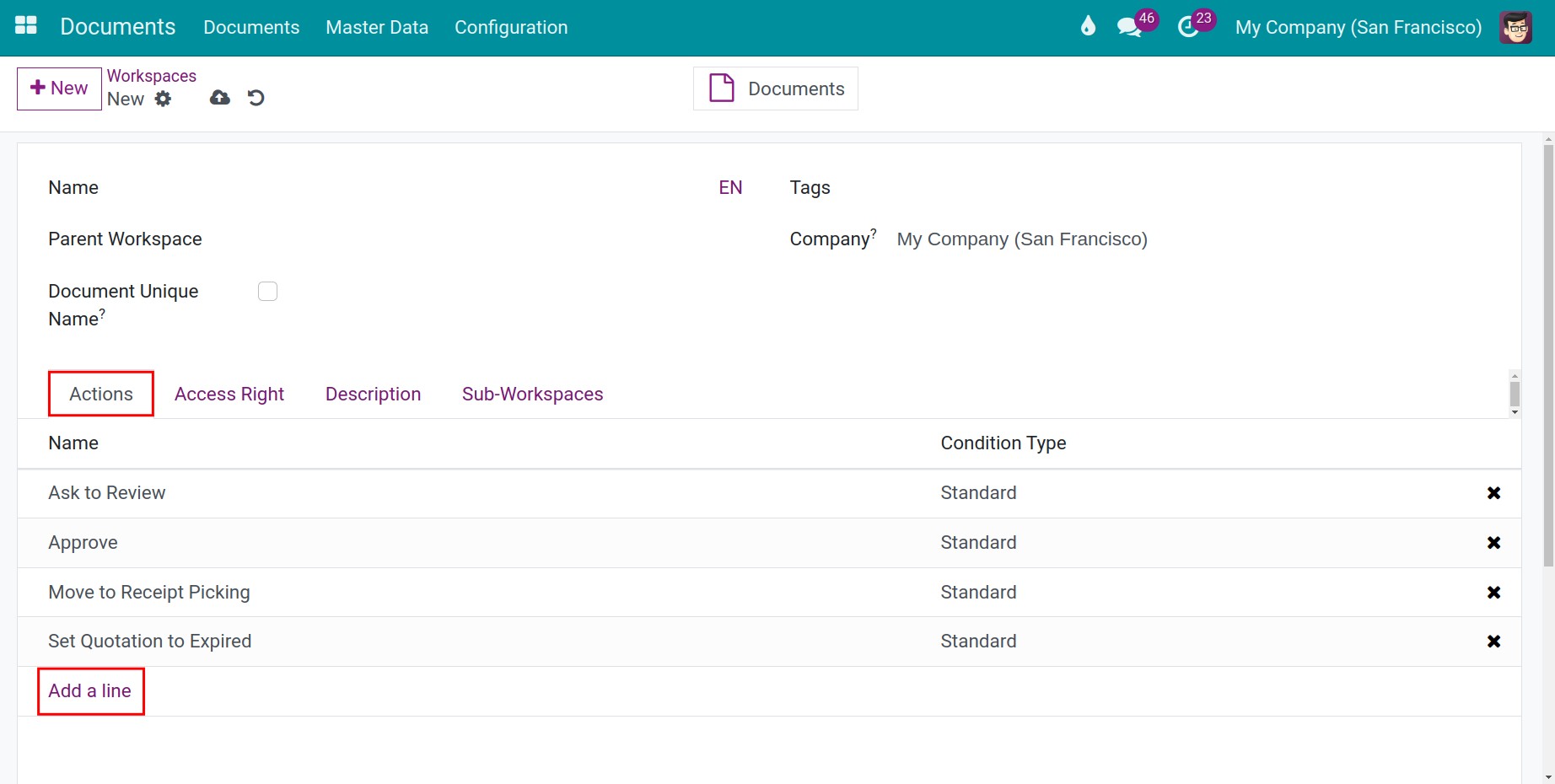 Select actions for a workspace