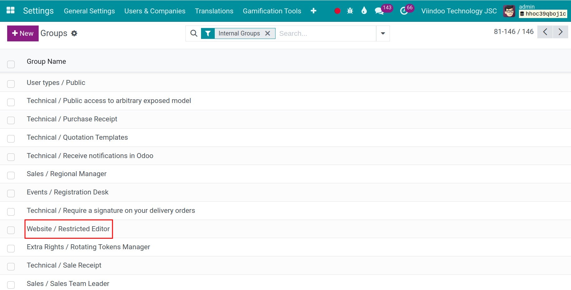 Select the access right group you want to edit in Viindoo