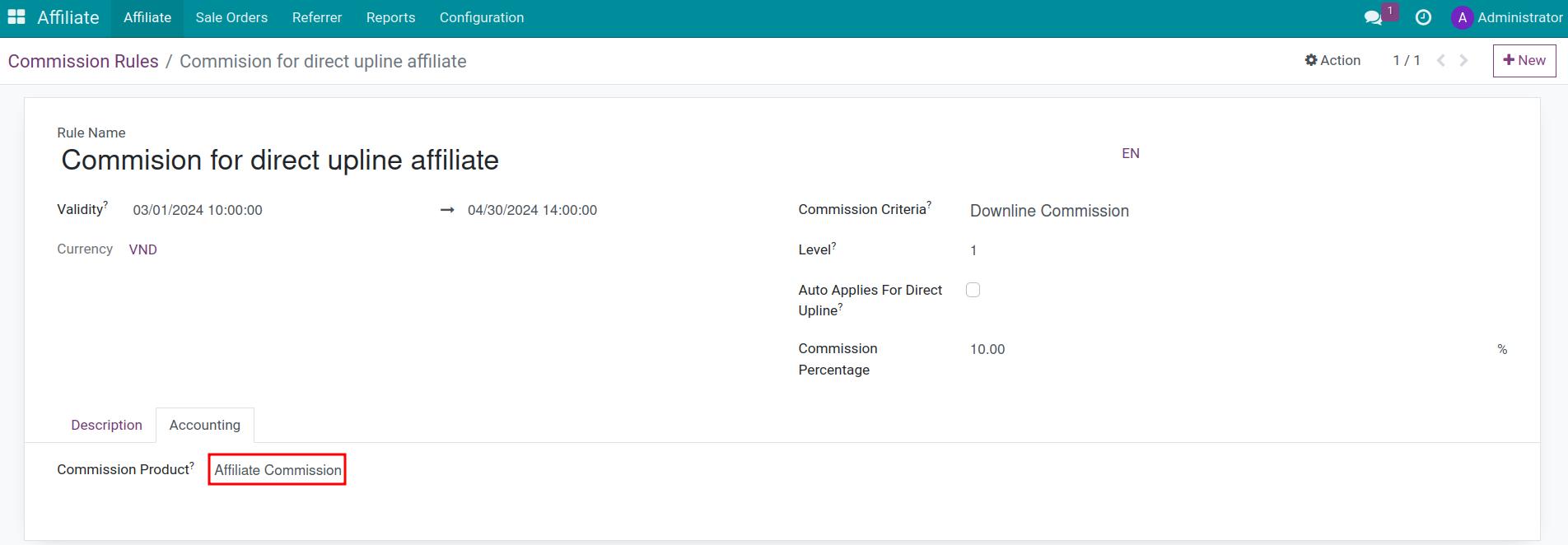 Commission product in Viindoo Affiliate