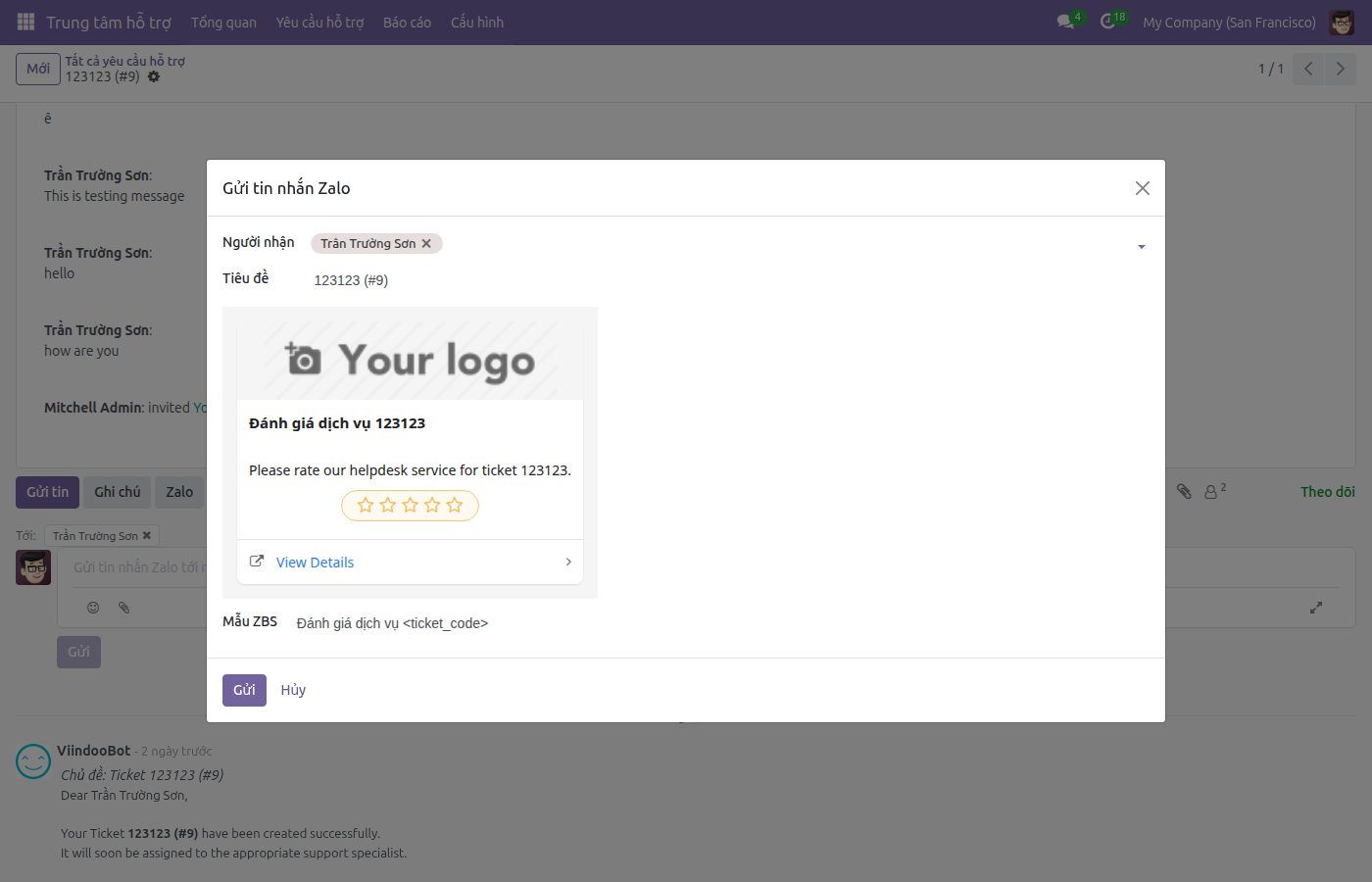 Service Rating template preview in Send Zalo Message dialog — showing ZBS card with 5-star levels and View Details button