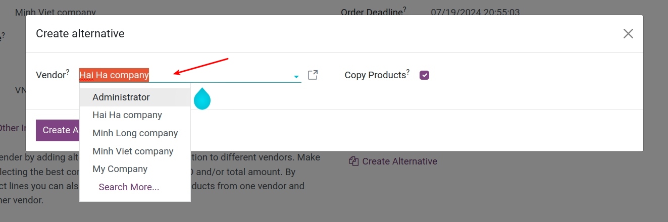 Copy products to alternative orders in Viindoo Purchase App