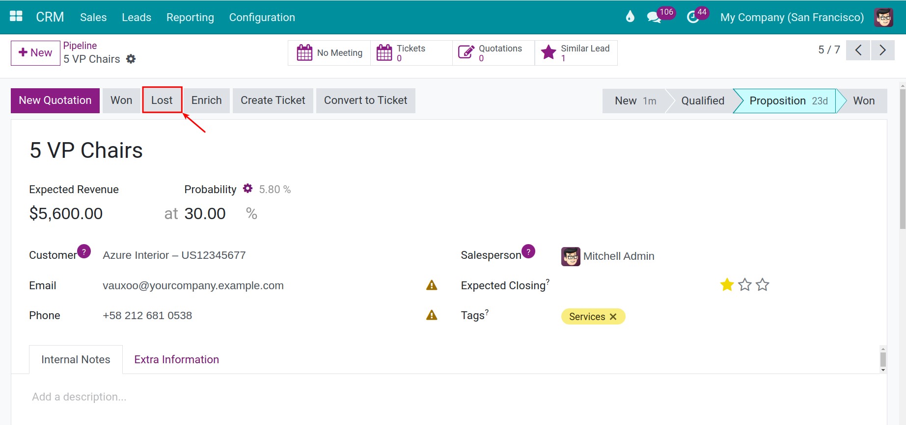 Mark a lost opportunity in Viindoo CRM system