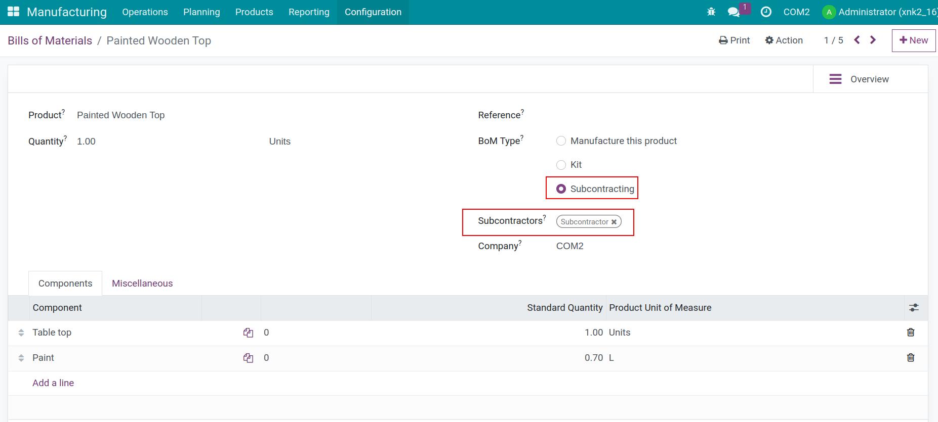 BoM configuration for the subcontracting product
