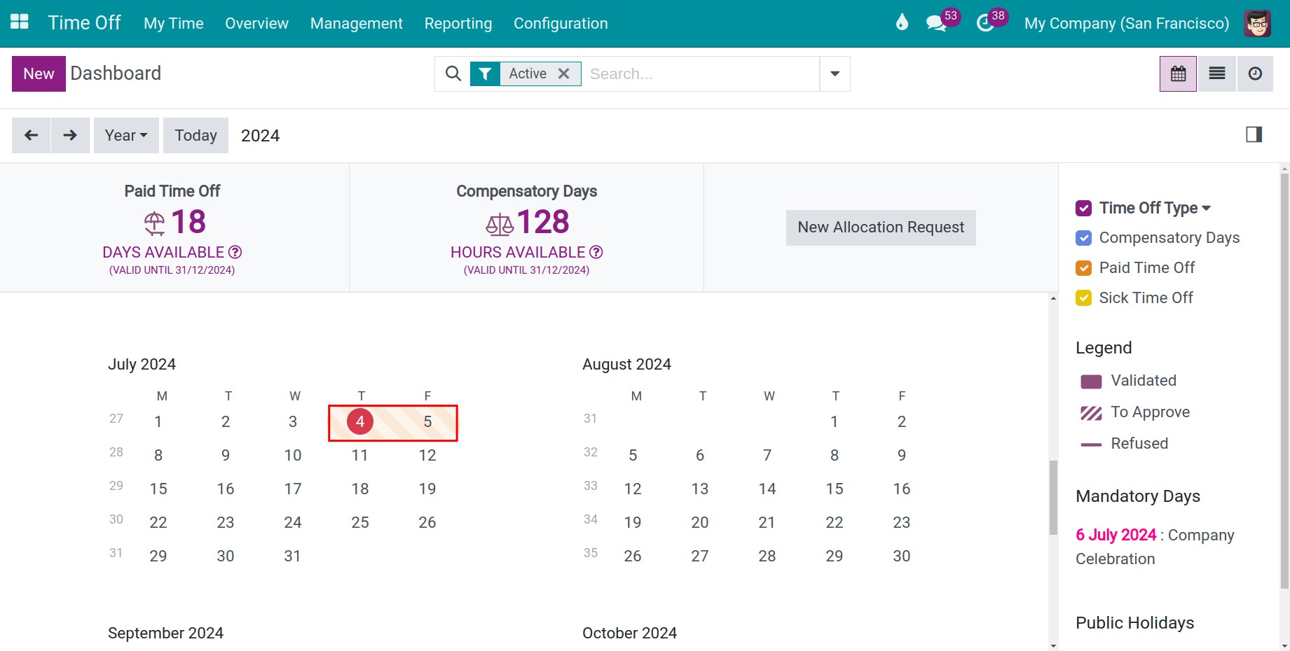 Time off requests on Dashboard in Viindoo Time Off management application