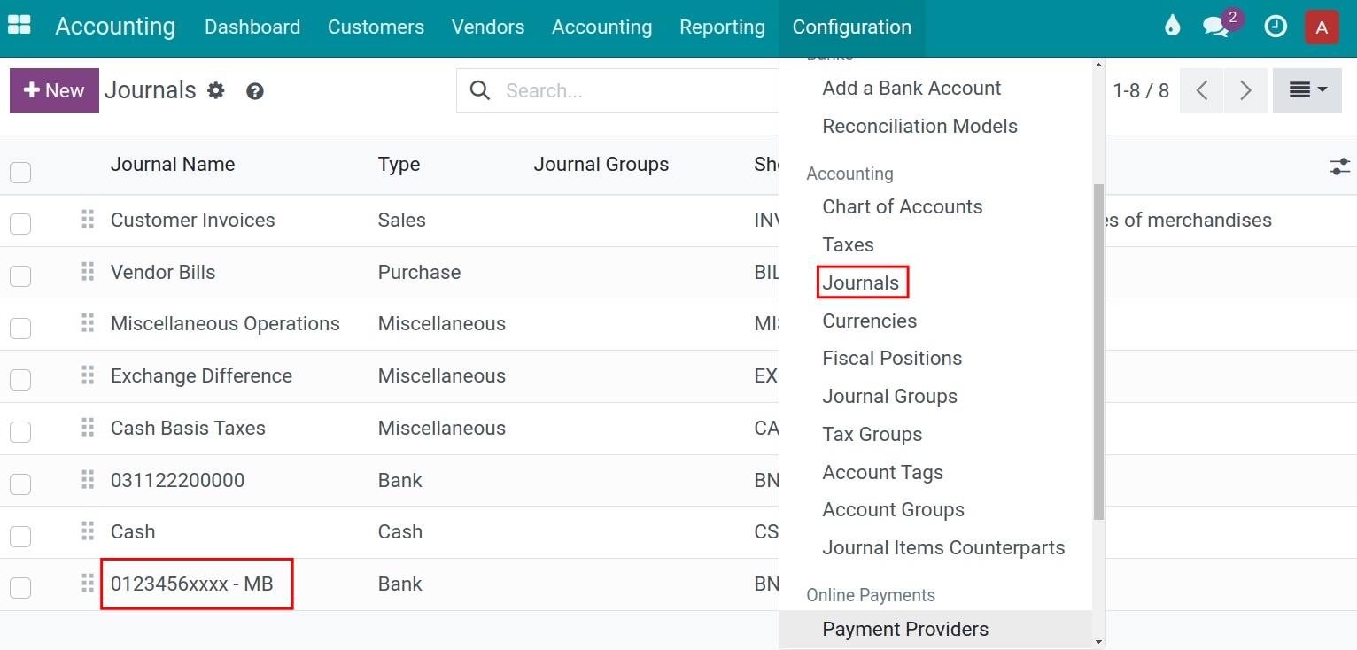Navigate to find a journal from Accounting configuration - Viindoo Accounting app