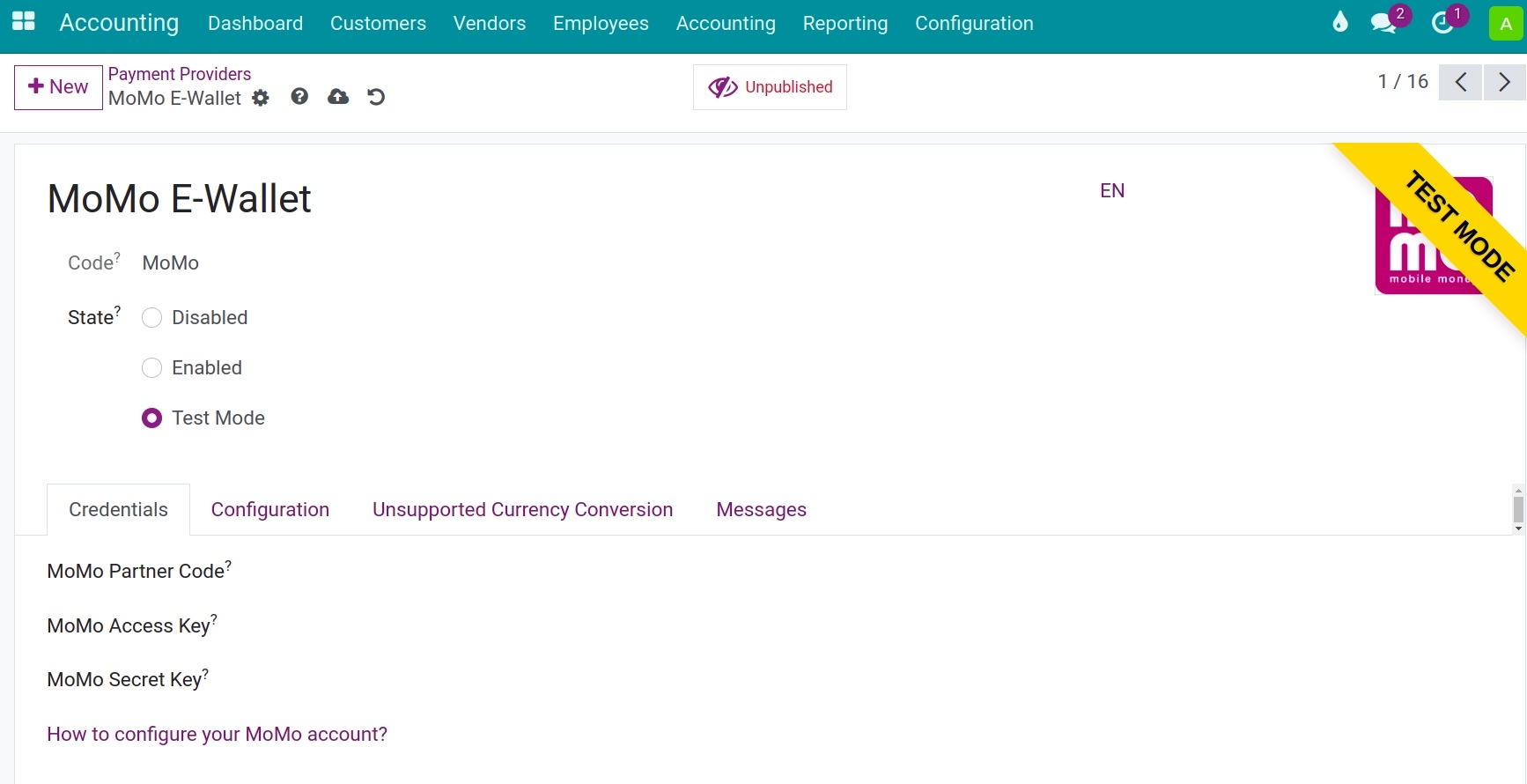 Payment service provider configuration view - Viindoo Accounting