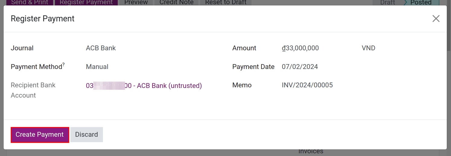 Register Payment interface - Viindoo Accounting Software
