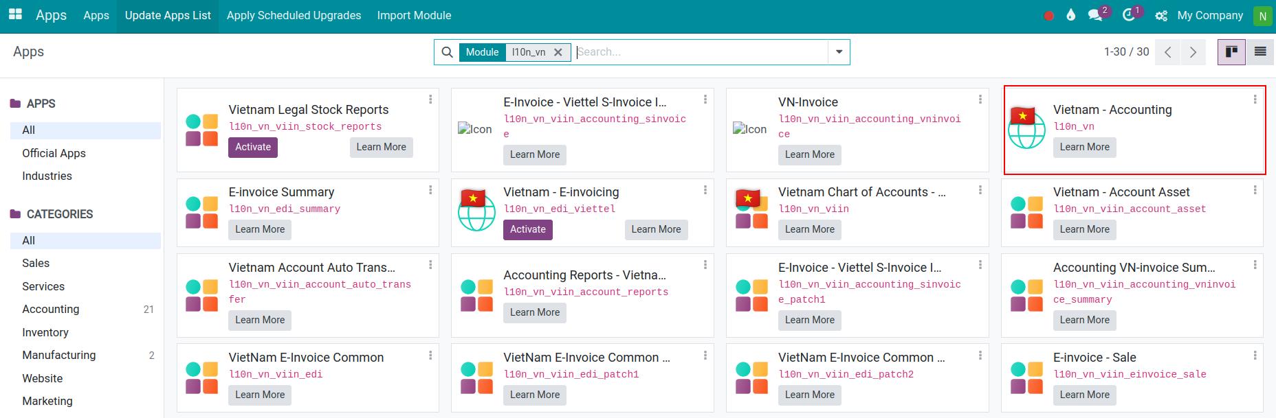 Chart of configured fiscal localization accounts in Viindoo