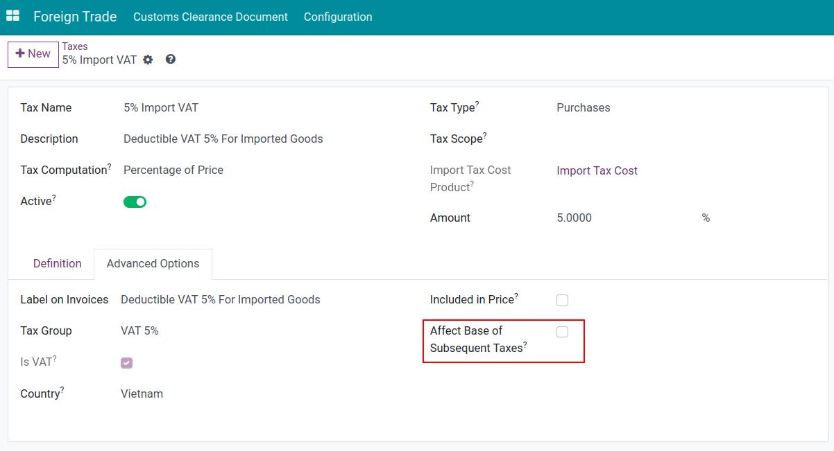 Activate the effect of import tax calculation value - Viindoo Foreign Trade