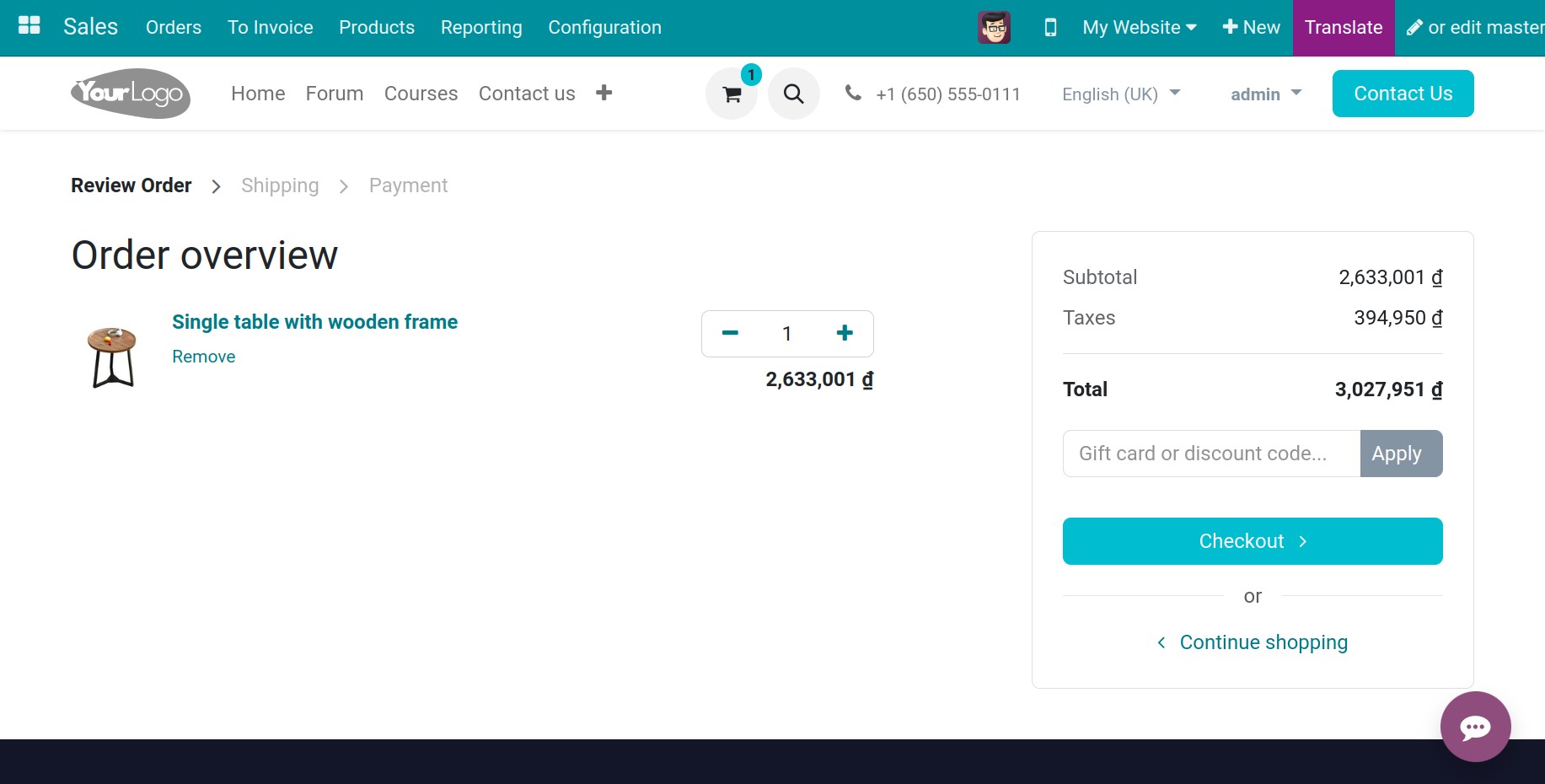 create a sale order on the website